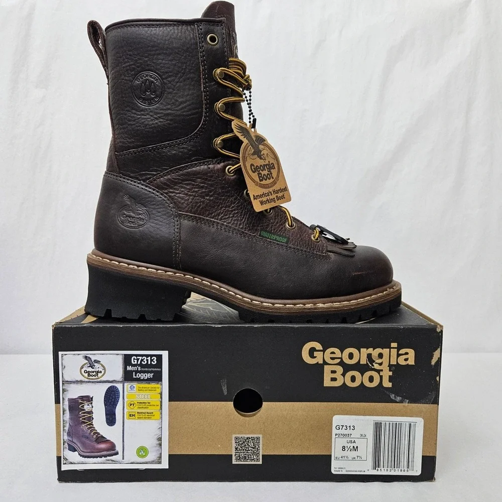 Georgia Boot Logger Work Boots Waterproof Steel Toe G7313 Brown Leather Mens 8.5